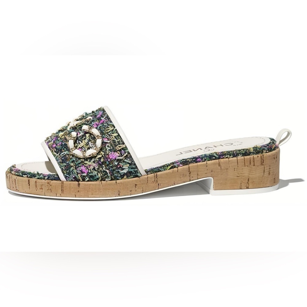 Chanel Tweed Slides Cork Mule Heel 21C White Sandals Slides Size 39 - Picture 8 of 12